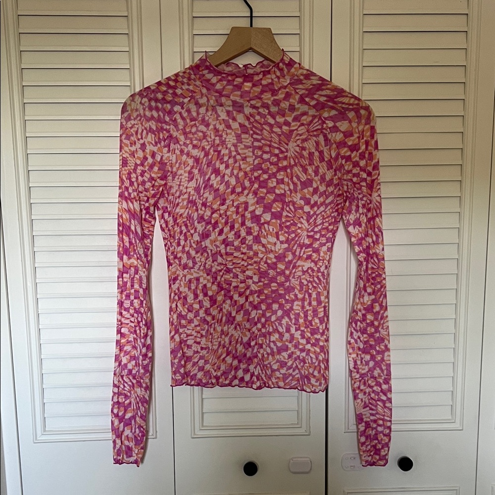FP Movement by Free People Pink & Cream Long-Sleeve Mock Neck Top